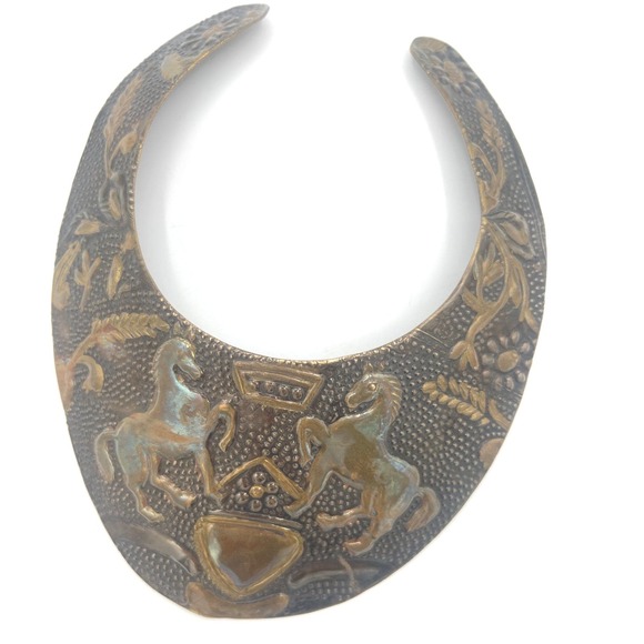 Artisan Handcrafted Jewelry - Vintage Brass Heraldic Gorget Collar Necklace Torque Repoussé Horses Shield